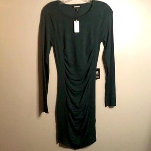 Express dark green ruched long sleeved sweater dress, size small